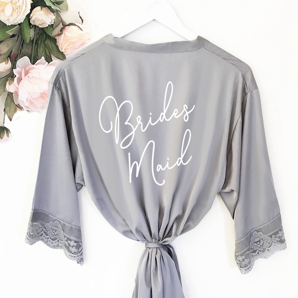 grey silk “Bridesmaid Robe” ROSE GOLD writing!
